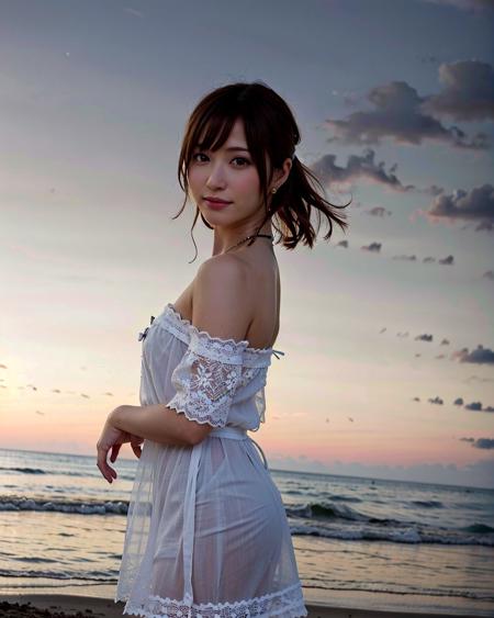 best quality, 1girl, (skindentation), large breast, day,  bright, blur background, outdoor, (street:0.8), (people, crowds:0.8), (dress:1.5), gorgeous, (short hair:1.2), (floating hair:1.2), beautiful detailed sky, (dynamic pose:1), soft lighting, wind,  (beach),  look at viewer, shiny skin, wet, wet cloths, wet hair, wet skin, smile,  <lora:JAV_moe_a_v1.1:0.65>