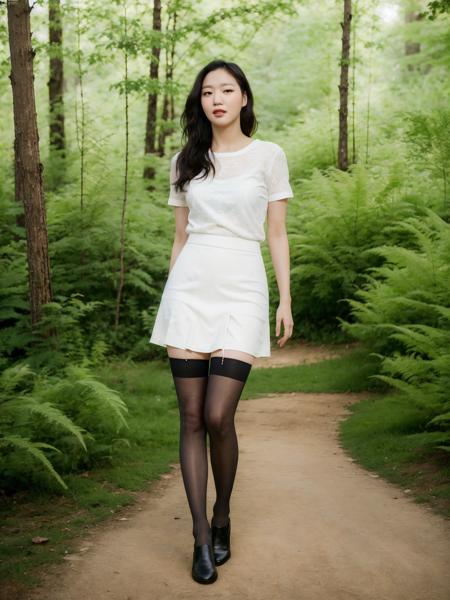 KGEun, wearing a short white skirt and black stockings, standing in a forrest, (8k, RAW photo, best quality, masterpiece:1.2), (realistic, photo-realistic:1.37), professional lighting, photon mapping, radiosity, physically-based rendering  <lora:KGEun2:0.8>