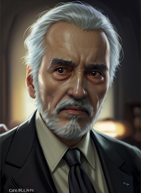 <lora:ChristopherLeeOld-10:1> clo1, an old man wearing a suit and tie, by  greg rutkowski, artgerm, trending on artstation, cinematic animation still, by lois van baarle, ilya kuvshinov, metahuman, artwork by Hirohiko Araki,