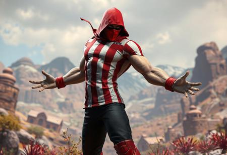 Muscular sentinel, dynamic action pose, Elborz backdrop, red & white striped shirt, black pants, red boots, obscured face, red mask, arms outstretched, vivid emotions, splash ink, octane render, Unreal Engine 5, Raphael style, trending on Artstation, isometric, golden ratio, CGSociety, 4k, detailed face & eyes, handcrafted, matte painting, captivating lighting.