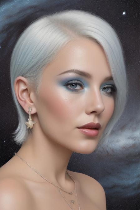raw photo of an alien galaxy ruler women,blending light blue stardust and white hair,light blue skin,sharp thin ears,celestial astro beauty, galaxy, stars, crescent moon,realistic, intricate details, whimsical elements, exciting background,portrait ,looking at viewer