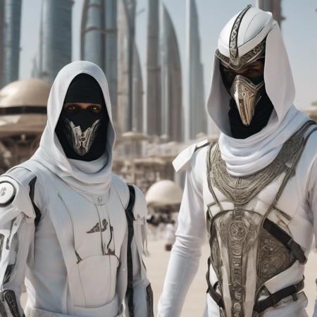  close-up of (("assassin's creed")) ((fremen)) sultan ninja iman sheikh wearing (futuristic) (cyberpunk) white cyber-onesie and white saudi Gutra headdress, standing next to retrofuturistic white armoured military quadcopter with Arabic decoration parked in spacepunk atompunk space port, in dubai "abu dabi" (coruscant), with lots of LCD screens and neon, ((in the style of Liam wong)), in the middle of a square in Gotham, lithograph, in the style of Gustave Doré and arcane and fernanda suarez and bioshock and dishonored, unrestricted universal love, improve coloring, transparent neon Hologram beam of light, [[[[[Highly Evolved Neo HipHop environment]]]]],[[[Photorealistic photo of Hyperrealistic art Wonderful, cityscape background fusion, biomechanical details, (white and iridescent colors:1.1) bright colors, alchemist, alt_style, cinematic, 35mm film, 35mm photography, film, photo realism, DSLR, 8k uhd, hdr, ultra-detailed, high quality]]] <additional details> stunning appeal, perfect composition, beautiful detailed intricate insanely detailed octane render trending on artstation, 8 k artistic photography, photorealistic concept art, soft natural volumetric cinematic perfect light, award winning photograph, masterpiece, oil on canvas