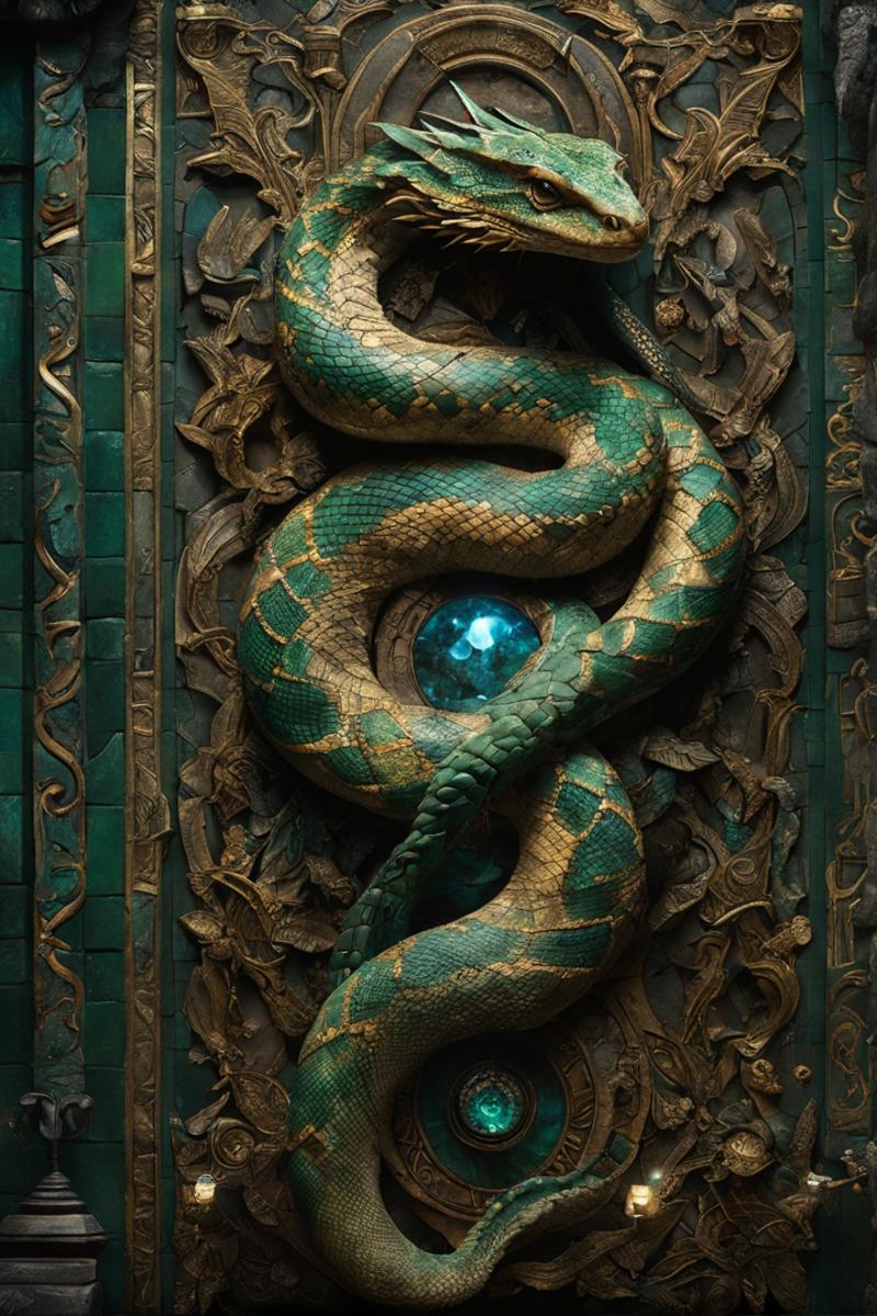 A large green, gold, and blue snake sculpture wrapped around a blue sphere.