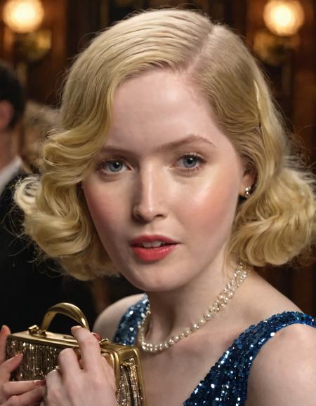 Ellie Bamber, as a striking embodiment of the flapper spirit, stares from within the enchanting 1920s-themed speakeasy with her long, blonde hair piled high atop her head, parted lips framing her blue eyes that radiate warmth and mischiefâall while sporting a classic dress with buttons and sequins, her fingers touching the brass pocket of her purse and inviting viewers into her world of elegance, laughter, and rebellious jazz music. <lora:njyozv18f1bdf8720x42:1>
