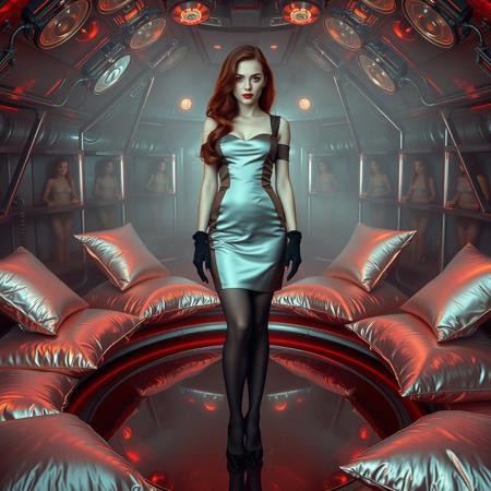 tall slender   young slavic lady in sexy french maid satin  dress,  stockings, garters,  elbow gloves,  high heels, stand still in center of mirror disc, surrounded by foil pillows,   stasis tubes with encased beauties at background,   steel, foil, fog,   hypno, sci-fi,  lipstick,  long hair, heavy makeup,   1950s hairstyle, red nails,   long hair, green eyes,  sharp cheekbones, ultra thin waist , mysterious, horror  alien lab, alien spaceship,