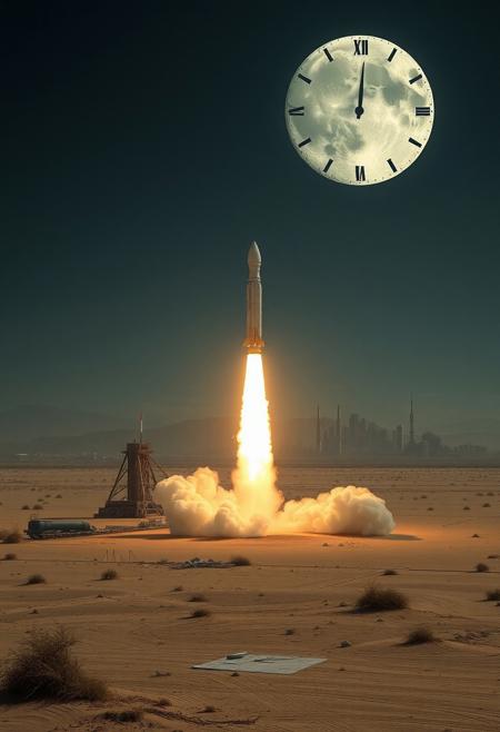 high resolution image of a dystopian future, in a barren desert landscape a ballistic missile rises in a column of flame from its launchpad, on the horizon the silhouette of a city, its buildings broken and destroyed, in the night sky, a clock face reading five minutes to midnight, is superimposed on the moon