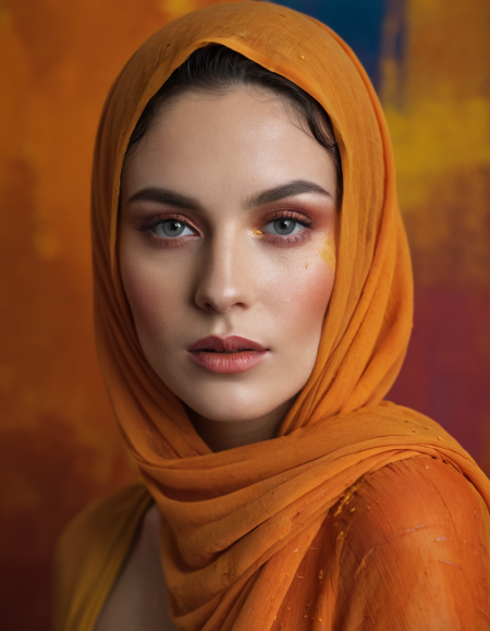 Woman with (vibrant makeup:1.2), intense gaze, (yellow headscarf:1.1), draped in (orange fabric:1.1), against a (dripping paint backdrop:1.3) in blue, pink, and orange hues, high contrast, (striking color blocking:1.2), bold textures, studio lighting, Canon EOS 5D Mark III, 50mm, f/8, ISO 100, artistic concept, square format, high resolution, digital photography, color theory exploration, visual impact,