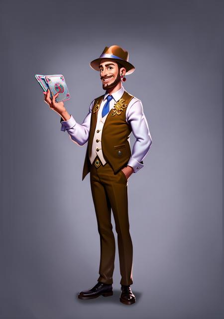 European and American cartoons, game characters, original design, 1boy, male focus, solo, hat, vest, pants, necktie, card, blue necktie, hand in pocket, standing, full body, shirt, playing card, long sleeves, smile, shoes, looking at viewer, white shirt, brown footwear, grey background, holding, facial hair, earrings, brown vest, collared shirt, brown pants, jewelry<lora:CG Game ouka:1>