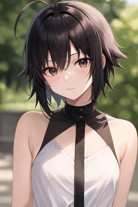 absurdres, kikuchi makoto, 1girl, solo, short hair, black hair, antenna hair,