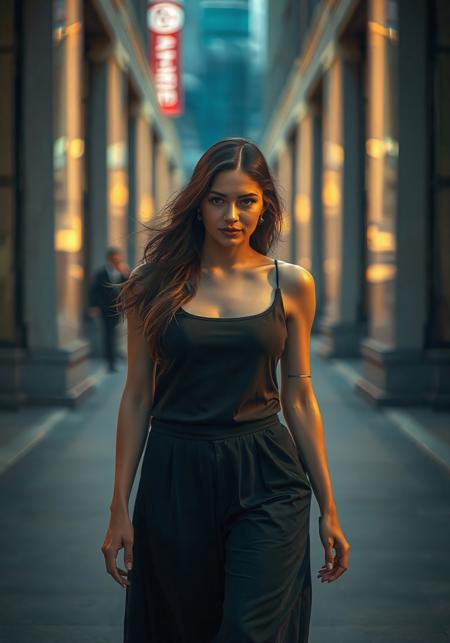 masterpiece, ultra-HD, best quality, photorealistic, close-up shot, (full body shot), one woman walking towards the camera