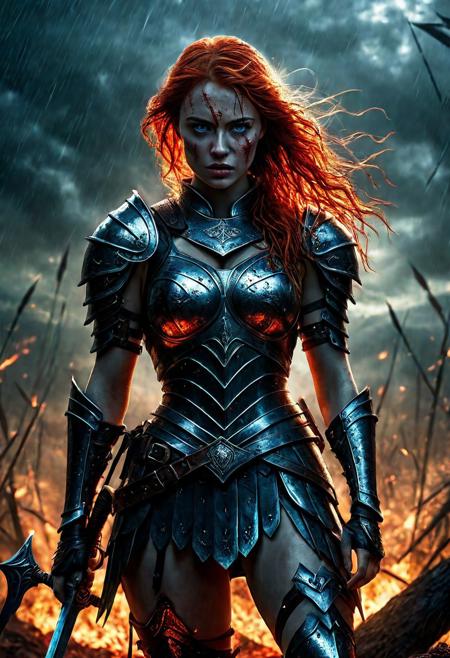 Ultra detailed digital art masterpiece beautiful Warrior girl dressed in a full body iron Armor and mini skirt, Standing on a bloody battlefield at the head of an army of knights, where a bloody slaughter is taking place, standing in battle pose, a dark epic fantasy, perfect lighting, beautiful Sadie Sink as bloody Warrior girl, attractive woman, elegant, beautiful woman of athletic body, epic shot of the whole Warrior girl, unreal engine 5 nanite quality, dark environment, very stormy day, LOTR style, dark washed out eyeliner, no make up, natural bloody pale face, realistic blue eyes, ultra detailed atmospheric details, beautiful glowing effects, sparkle effects, realistic body proportions, beautiful face proportions, complex masterpiece, wavy red hair, creative glowing detailed tattoos, complex physics, enhanced colors, complimentary colors, ultra detailed raytracing reflections, Ultra detailed complex background, environment feels alive, direct eye contact, dramatic lighting, wet and sweaty skin, beautiful firm Breasts, Daylight, Concept art by Greg Rutkowski, adding to the intense and dynamic atmosphere of the scene.