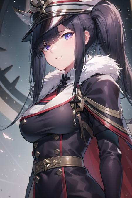 peterstrasser, <lora:peterstrasser-lora-nochekaiser:1>,
peter strasser, black hair, hair over one eye, long hair, one eye covered, (purple eyes:1.1), twintails,
BREAK armored boots, black coat, black footwear, black ribbon, boots, buttons, cape, coat, fur trim, fur-trimmed cape, gloves, hat, high heels, military hat, peaked cap, red cape, ribbon, stiletto heels, white gloves, white headwear,,
BREAK looking at viewer,
BREAK indoors,
BREAK <lyco:GoodHands-beta2:1>, (masterpiece:1.2), best quality, high resolution, unity 8k wallpaper, (illustration:0.8), (beautiful detailed eyes:1.6), extremely detailed face, perfect lighting, extremely detailed CG, (perfect hands, perfect anatomy),