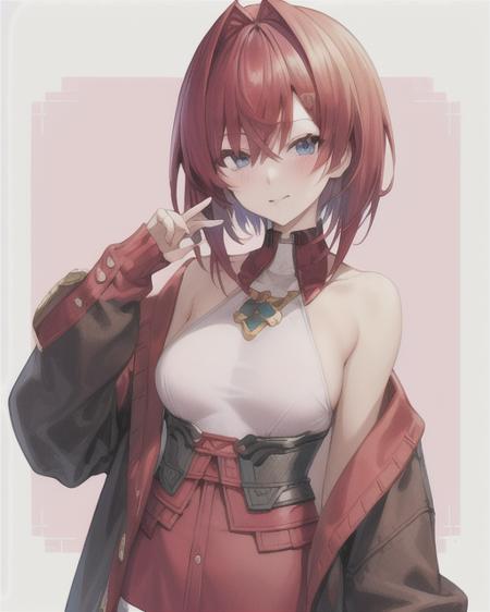 red hair,virtual youtuber,1girl,short hair,blue eyes,hair between eyes,hair ornament,solo,bangs,looking at viewer,hairclip,hair intakes,jacket,blush,breasts,shirt,off shoulder,long sleeves,simple background,ange style,<lora:ange_01:1>