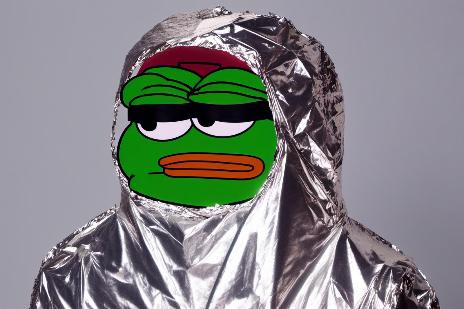 a photo of pepe the frog wearing a tinfoil hat