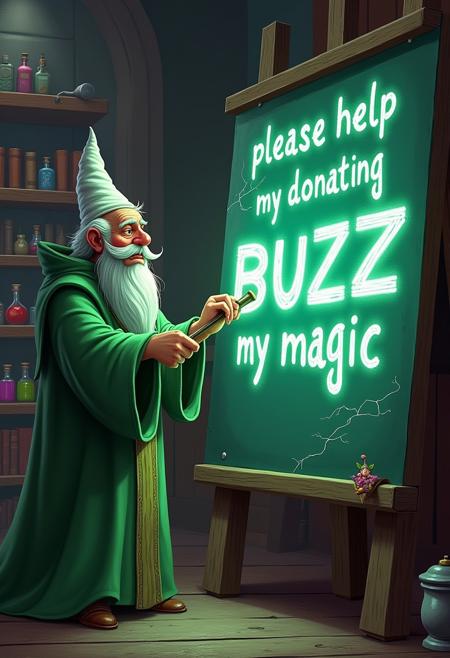 an old wizard with a mustache and long beard dressed in a bright green robe and a white cone hat writing with lightning bolts on a giant board with a magic staff "please help me by donating buzz to increase my magic" with bright letters made of magic, inside a castle room, a library with magic potions and scrolls on shelves, accompanied by a little fairy