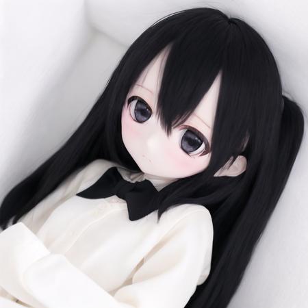 <lora:dolls:1.0>, (kukolnydom:1.0), doll, 1girl, black eyes, black hair, blouse, eyebrows, hair between eyes, highres, long hair, long sleeves, looking at viewer, lying, on back, school uniform, solo, sweatdrop, upper body, white blouse