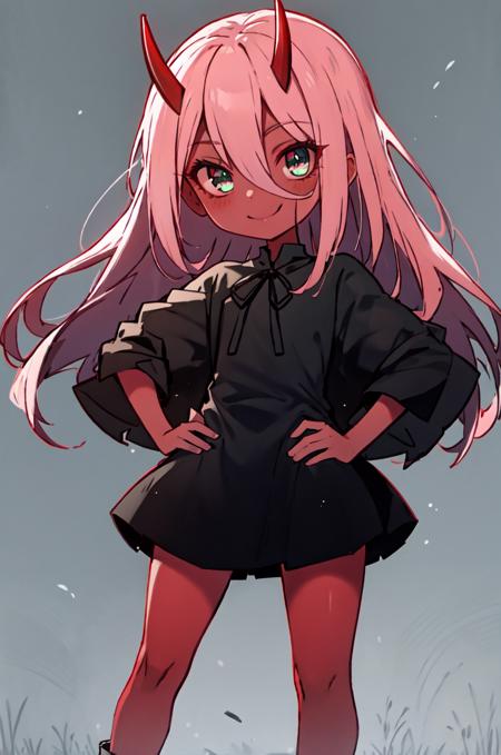 <lora:Zero_Two_Oni__Character_LoRA:1> Zero Two, 1girl, masterpiece, best quality, black dress, long hair, red skin, red horns, pink hair, green eyes, colored sclera, simple backgroud, smile, hands on hips