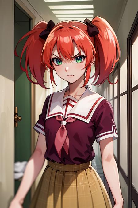 1girl, solo, shuzen kokoa, red hair, short hair, twintails, hair bow, green eyes, small breasts, school uniform, red shirt, short sleeves, white sailor collar, pink ribbon, plaid skirt, black thighhigs, panties, pantyshot, (annoyed, v-shaped eyebrows:1.25), (indoors, school, hallway:1.35), (masterpiece:1.4), (best quality:1.1), (absurdres:1.0), (intrincate), (full sharp), (extremely detailed:1.25), (exquisite details), (sharp details), (high definition), (anime, anime coloring:1.45), <lora:Shuzen Kokoa (Rosario + Vampire):0.7>