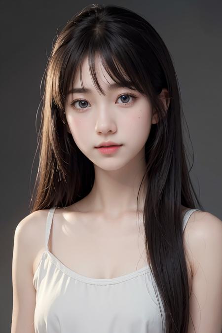 1girl, long hair, White top, (isolated on dark-grey background:1.2), from front, standing, (soft lighting:1.2), shot on Canon EOS 5D, BREAK
(upper body:1.2), , best quality, ultra high res, (photorealistic:1.4), masterpiece, real life skin, hyper real, perspective, detailed beautiful eyes and detailed face, <lora:tanhjm-02:1>