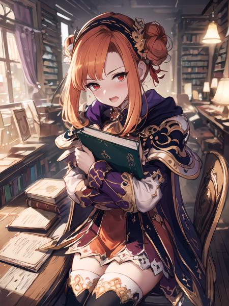 masterpiece,best quality,highres,cinematic lighting,dramatic angle,1girl,<lora:ShadowverseGingerV2-000030:0.8:lbw=jiangshi3>,straight-on,orange hair,hair bun,red eyes,hair ornament,red and purple dress,capelet,hugging book,looking at viewer,open mouth,embarrassed,shy,blush,thighhighs,close-up,;portrait,library,table,desk,chair,depth of field