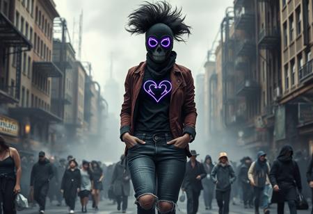 Masterpiece, best quality, highres, steampunk dystopian cityscape, thick smoke, grey industrial sky, cinematic haze, victorian-inspired architecture twisted by pipes and gears. A wide urban street filled with a faded, ghostlike crowd moving in one direction, their forms semi-transparent, drained of color and life. In the center of the scene, walking calmly against the tide, a striking female figure stands out with bold presence, framed from the knees up. She wears ripped jeans exposing her knees, a tight black shirt that defines her generous curves, and a stylish burgundy jacket with her hands tucked casually into the pockets. Her face is covered by a black steampunk balaclava across the mouth and nose is a white, stylized skull motif. Covering her eyes and forehead is a glowing screen made of dark metal tubing, displaying a vivid purple heart symbol pulsing faintly. Her voluminous dark hair spills out from the top, messy and bold, adding fierce contrast to her masked anonymity. The lighting reflects a dull metallic sheen, pierced only by flickers of amber glow from old streetlamps and flickering signs. She walks relaxed but unshakable, a living spark in a world gone dull, her aura a quiet rebellion in the smog-choked silence.