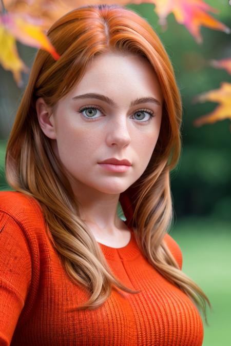 a naturally beautiful adult woman, in a park, red knitted sweater, autumn day, upper body, close up, blonde, 8k, raw, uhd, fujifilm x-t3, highly detailed face, candid, amateur, stunning eyes, <lora:erikaEleniak:1>