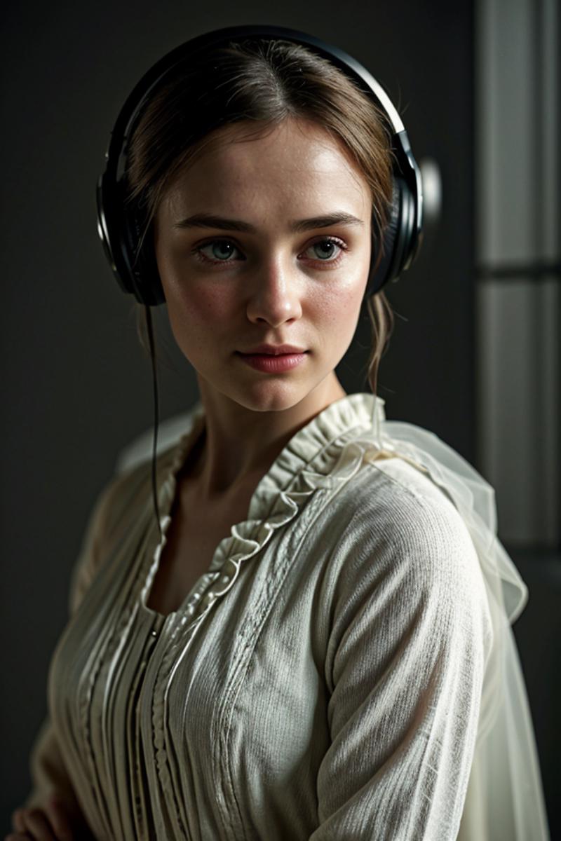 The image features a woman wearing a white shirt and headphones, looking into the distance. She appears to be listening to music or some form of audio content. The scene is set in a dark room, adding a sense of focus and depth to the image. The woman's headphones are clearly visible, covering her ears and allowing for a close-up view of her expression as she listens intently.