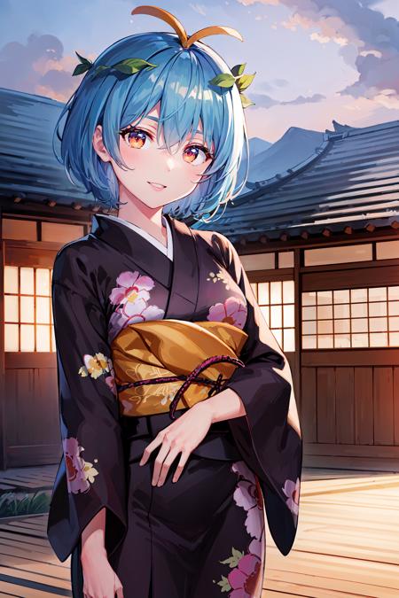 (masterpiece, best quality:1.4), looking at viewer, smile, cowboy shot, eternity larva, antennae, short hair, leaf on head, kimono, outdoors, purple sky, village, east asian architecture, <lora:eternity_larva_v1:0.8>