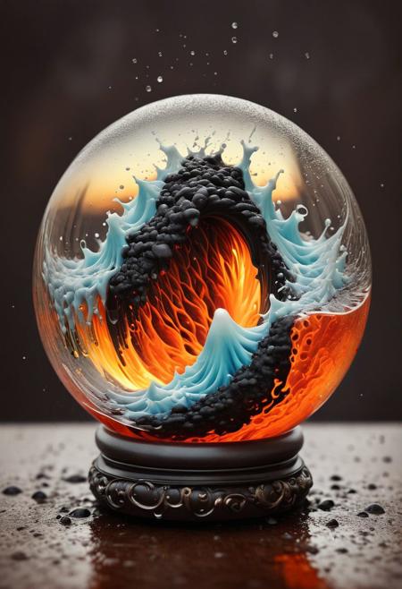 ultradetailed ultrarealistic, of a lava avalanche in a glass sphere, a perfect photography by Mark Mann and Ashraful Arefin ,muted wet colors, intricate artwork masterpiece <lora:hyperkraximalism_v1-1:0.25>