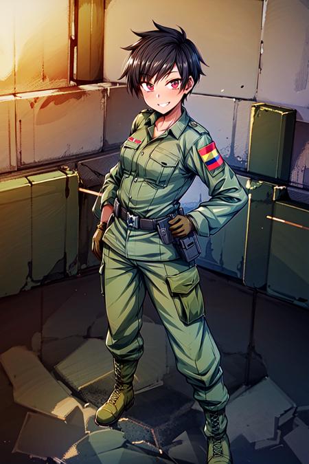 (masterpiece),(best quality),absurdres,1girl,xinomvn,standing,small breasts,(,straight-on,looking at viewer:1.1),tomboy,character portrait,military uniform,shirt,pants,(long sleeves,gloves:1.1),combat boots,full body,smiling,(in military base:1.3),barbed wire,(wide shot), <lora:XinomVN:0.7>,