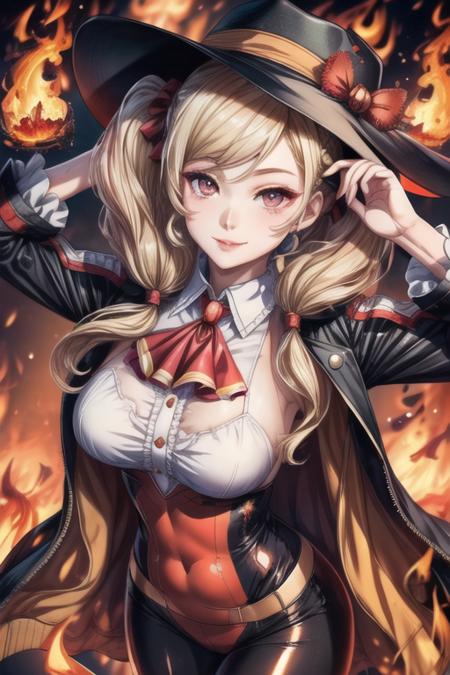 high quality, extremely detailed, perfect face, matadorsmt, ann_takamaki, blonde twintails, jacket, ascot, hat, large breasts, extremely glossy, tights, seductive smirk, (((flames background))) <lora:add_detail:1>