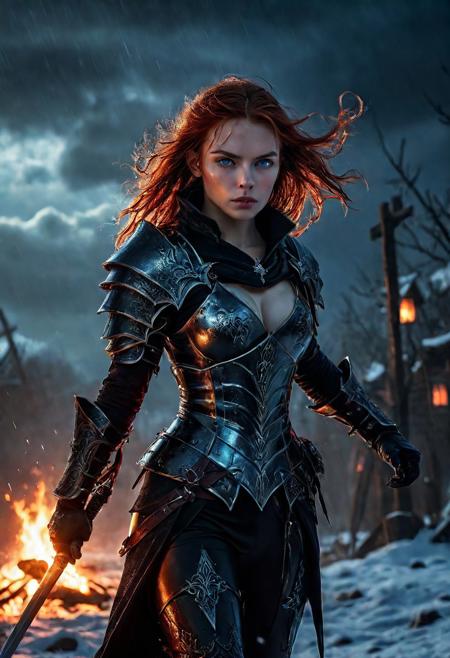 Ultra detailed digital art masterpiece Warrior vampire girl dressed in a iron Armor and winter coat, Standing on a bloody and stormy battlefield, standing in combat pose, dark fantasy medieval Town, perfect lighting, beautiful Sadie Sink as Warrior vampire girl, attractive woman, elegant, sinewy athletic body, unreal engine 5 nanite quality, mixed with dark elements, dark environment, very cold winter night, clean dark velour witch clothing, LOTR style, dark washed out eyeliner, no make up, natural pale bloody face, realistic blue eyes, ultra detailed atmospheric details, beautiful glowing effects, sparkle effects, realistic body proportions, beautiful face proportions, complex masterpiece, wavy red hair, creative glowing detailed tattoos, complex physics, enhanced colors, complimentary colors, ultra detailed raytracing reflections, Ultra detailed complex background, environment feels alive, direct eye contact, dramatic lighting, wet and sweaty skin, beautiful firm Breasts, Concept art portrait by Greg Rutkowski