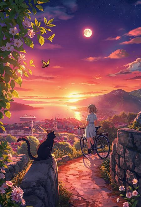 Vertical 9:16 cinematic anime frame, ultra-detailed 4K, vibrant and rich color palette, sharp lighting contrast.
Vordergrund: blühender Kirschbaumzweig links, Schmetterling schwebend darüber; rechter Bildrand mit halb verwelktem Zaun und Grashalmen im Wind, kleiner umgefallener Getränkebecher mit glänzender Oberfläche.
Vor-Mittelgrund: schwarzer Kater sitzt auf einer Steinmauer, Blick nach oben, neben ihm eine halbvolle Glasflasche mit Lichtreflexion; darunter bunte Gänseblümchen am Boden.
Mittelgrund: ein Junge und ein Mädchen stehen auf einem kleinen Hügel mit gepflastertem Weg; sie trägt ein Sommerkleid, er ein Fahrrad schiebend, beide schauen in die Ferne, friedlich, Haare im Wind, klarer Fokus.
Hintergrund: flache Küstenstadt mit erleuchteten Fenstern, Kirchturm und Laternenpfählen; hinter der Stadt das ruhige Meer mit einem entfernten Kreuzfahrtschiff, Lichter reflektieren auf dem Wasser.
Hinter-Hintergrund: gro﷿e Gebirgskette unter einem weiten Sternenhimmel.
Himmel: tiefe Dämmerung in violett-orange, gro﷿e weiche Wolken im oberen Drittel, strahlender Vollmond leicht links oben, halb verdeckt von einer Wolkenschicht, mit subtiler Korona.
Soft bloom, cinematic lighting, parallax-ready composition with strong sense of layered depth, feenstaub gently floating across all depth layers, cel-shaded in Makoto Shinkai style.