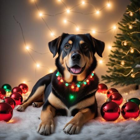 photography very realist dog playing with lots of Christmas lights and Christmas balls around him, Christmas decor background