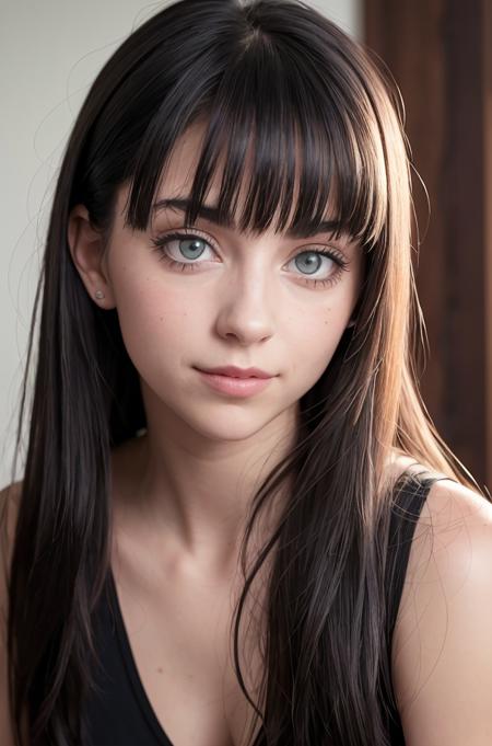 detailed and realistic portrait of (sooogs), sexy, 21 yo, green eyes, bangs, black_hair, blunt_bangs, closed_mouth, lips, smile, long_hair, looking_at_viewer, medium breasts, shot outside, soft natural lighting, portrait photography, magical photography, dramatic lighting, photo realism, ultra-detailed, intimate portrait composition, Leica 50mm, f1. 4