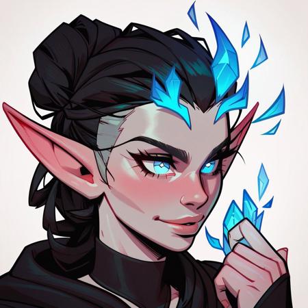 score_9, score_8_up, score_7_up, score_6_up, source_cartoon, black outlines, portrait face, (close up:1), white background, simple background, cute face, crystal elf, black hair, blue fire hair, spiky hair up-do fire, glowing white eyes, pale gray skin, silver skin, cute, black turtleneck, black armor, black elf ears, magic fire coming from eyes