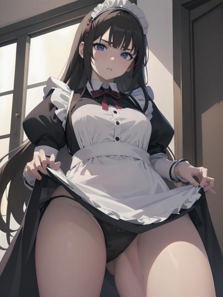 8k, masterpiece, highly detailed, anime style, solo, breathtakingly beautiful 1girl, (maid), (skirt lift), from below, (panties), embarrassed, (shy), <lora:victorian_maid-1.0:0.8>