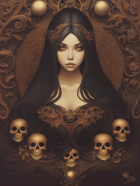 <lyco:AudreyKawasaki:1.0> beautiful witch, mirrors, chocolate, skulls, by Audrey Kawasaki