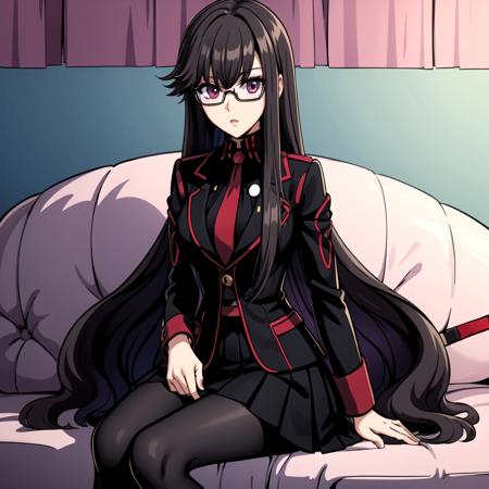 (masterpiece:1.2, best quality), <lora:ROEVIL-000009:0.765> 1girl, ROEvil, W-sitting, pink girly room background, looking at viewer <lora:takahirokagamiyugioh-midpoint:0.35> , glasses, black and red school uniform, purple eyes, black tights