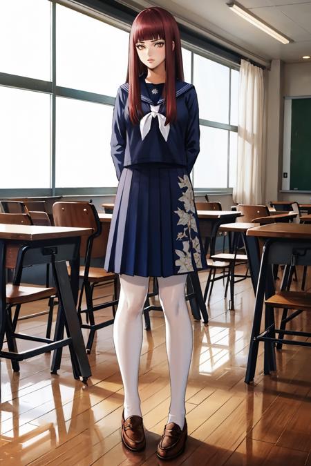 masterpiece, best quality, full body, classroom, standing
<lora:zs_Sahori:1> sahorismt, long hair, blunt bangs, black serafuku, red hair, pantyhose, loafers