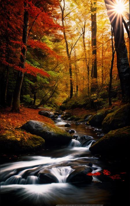 [Gallery] photo of a [high majestic colorful Autumn waterfall][colorful Fall forest in upper Michigan],[sunshine shines into water and forest floor gerns and flowers][after rainfall wet leaves and rushing water], [breathtaking stone and landscape], [maple, oak, birch, pine], [perfect morning sunshine], [movie atmosphere], [dramatic camera angle], [medium format bellows camera], in the style of [NationalGeographic][post-processing: oversharpen, expert dodge and burn, ISO 400 color film noise, corner darken vignette]