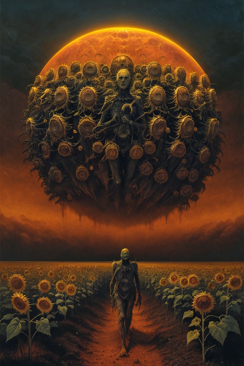 horror sci fi movie poster, a field of sunflowers by zdzislaw beksinski, wayne barlowe, gothic, cosmic horror, lovecraftia...