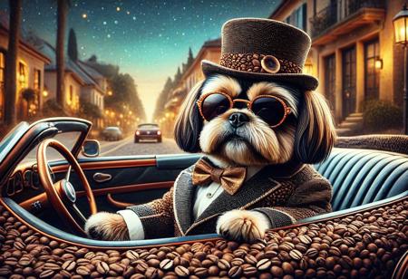 digital painting of a made of Coffee beans, cute shihtzu in suit and bowtie, top hat and cutting edge sunglasses,  entirely made of retro sophistication texture, driving a convertible car, whimsical and magical atmosphere, soft lighting, highly detailed and stylized, concept art for a vintage charm-themed universe