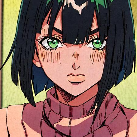 StoneOcean, 1girl, black hair, green eyes, green lipstick, bob cut, happy, red sweater