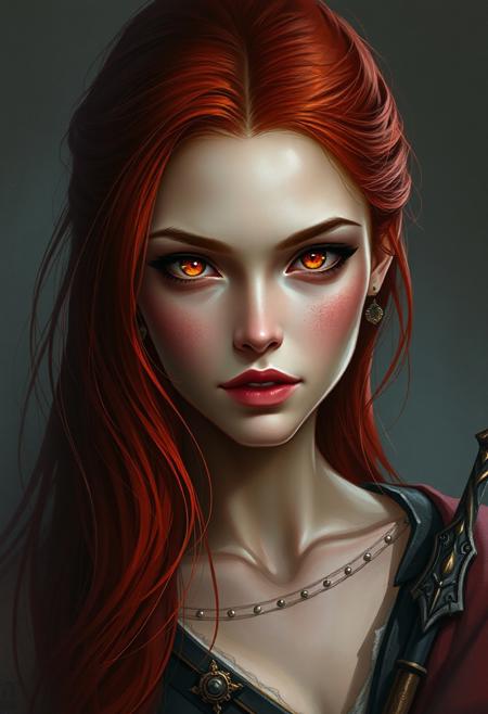 A woman with Red hair and Luminous eyes looks at the camera, Beautiful picture of the character, character portrait, character portrait, 🤤 Charlie Bowater character art, epic portrait illustration, подробныи character portrait, neo-artcore and Charlie Bowater, high quality portrait, fantasy concept art portrait, detailed matte fantasy portrait, charlie bowater art style, Detailed beautiful portrait, fantasy art portrait, dark, chiaroscuro, low-key, oil and watercolor painting