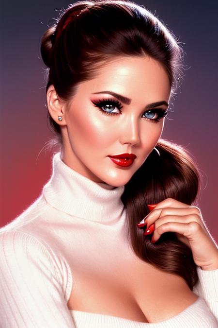 photo of a woman, lyndacarter:0.99, ((hair up):1.3), ((closeup, portrait):1.2) ((turtleneck sweater):1.2),((red lipstick, eyeliner,eye shadow, blush):1.2), ((best quality, masterpiece, extreme details, high resolution):1.2),((detailed eyes, beautiful eyes, detailed face, beautiful face):1.2), ((walking):1.2)