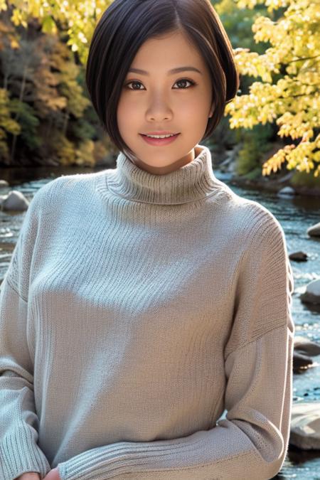 1girl,(wearing turtleneck sweater:1.2),(RAW photo, best quality), (realistic, photo-realistic:1.4), masterpiece, an extremely delicate and beautiful, extremely detailed, 2k wallpaper, Amazing, finely detail, extremely detailed CG unity 8k wallpaper, ultra-detailed, highres, soft light, beautiful detailed girl, extremely detailed eyes and face, beautiful detailed nose, beautiful detailed eyes,cinematic lighting,(autumn scenery:1.3),(by a small rocky river),(morning light),perfect anatomy,<lora:ramu_lora:0.8>,(short hair),big breasts,(smiling)