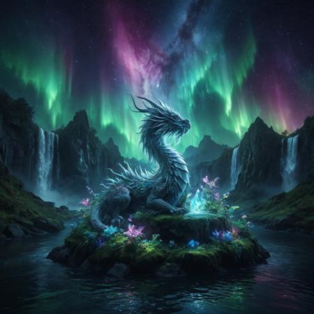 morph-aurora, aidmamj6.1,
ancient ethereal dragon resting on a floating island, crystalline horns pulsing with light, glowing waterfalls, magical plants sparkling in the dark, mystic celestial background, cinematic lighting, ultra detailed, vibrant, surreal style




















