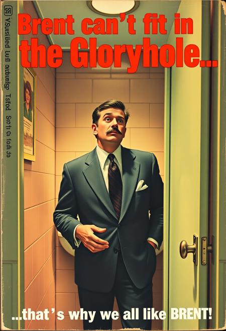 A pulp romance novel, Cover is a man with a mustache wearing a suit an tie in a public restroom stall. Looking down at the gloryhole. Title "Brent can't fit in the Gloryhole..." Subtitle "...that's why we all like Brent!