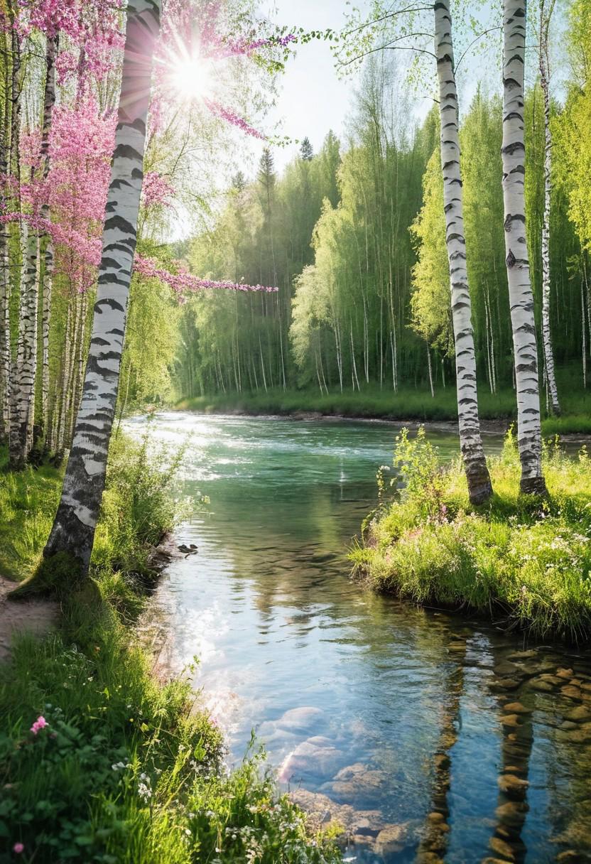 Amazing scenic view of birch forest with blooming pink flowers next to crytal clear water in river on background green trees in the morning rays of the sun, cinematic look, film, (shot on Nikon D850:1.2), <lora:add-detail-xl:1>, <lora:SDXLHighDetail:0.5>